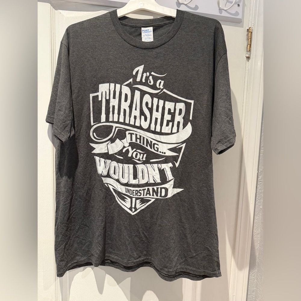 Thrasher Charcoal Short Sleeve Tee with White Shield Graphic